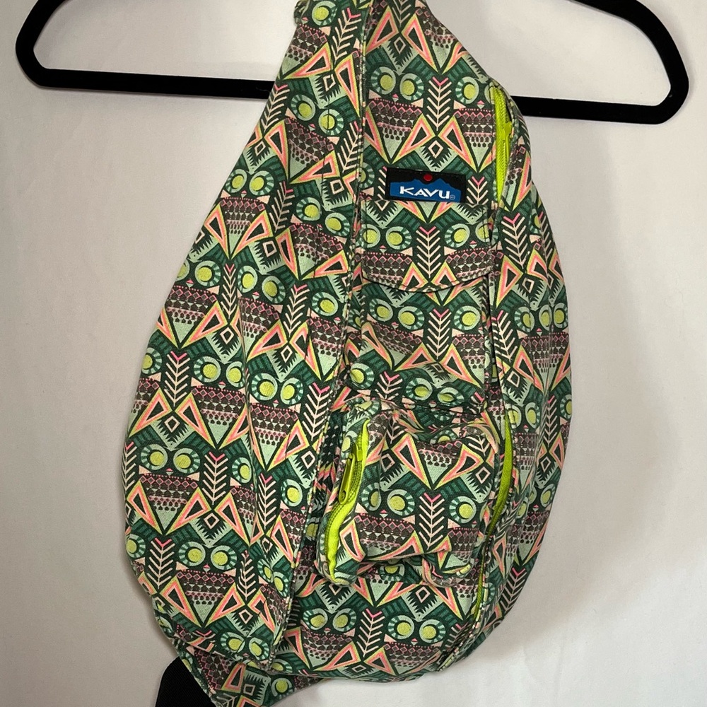 Kavu Geometric Sling Bag with Green and Pink Accents